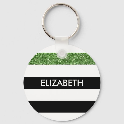 Modern Black Stripes FAUX Green Glitz en naam Sleutelhanger (Voorkant)