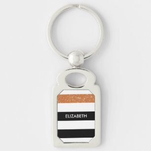 Modern Black Stripes FAUX Oranje Glitz en naam Sleutelhanger