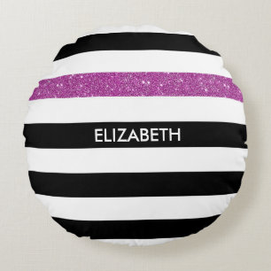 Modern Black Stripes FAUX Paars Glitz en naam Rond Kussen