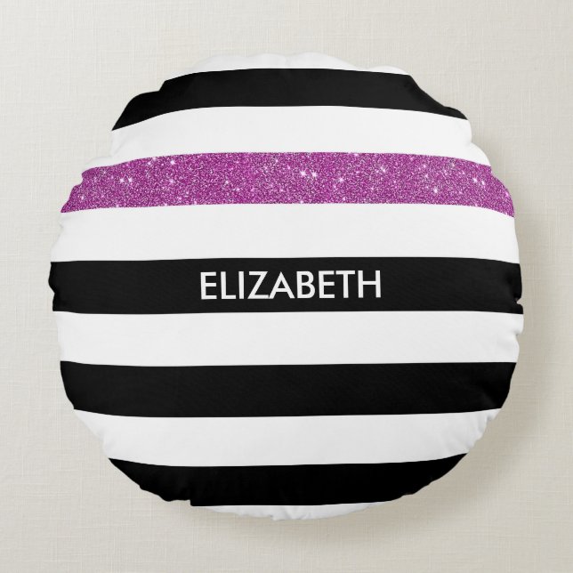 Modern Black Stripes FAUX Paars Glitz en naam Rond Kussen (Voorkant)