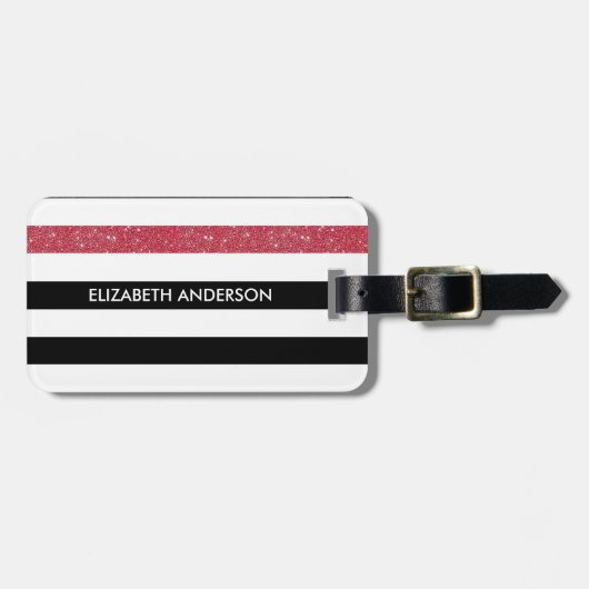 Modern Black Stripes FAUX Red Glitz en naam Bagagelabel (Voorkant horizontaal)