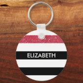 Modern Black Stripes FAUX Red Glitz en naam Sleutelhanger (Voorkant)