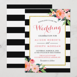 Modern Black Stripes Floral Wedding Celebration Kaart