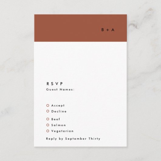 Modern Black Terracotta Stripe Monogram Weddenscha RSVP Kaartje (Voorkant)