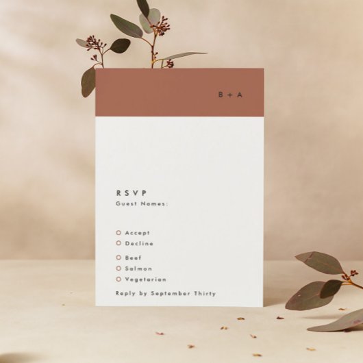 Modern Black Terracotta Stripe Monogram Weddenscha RSVP Kaartje