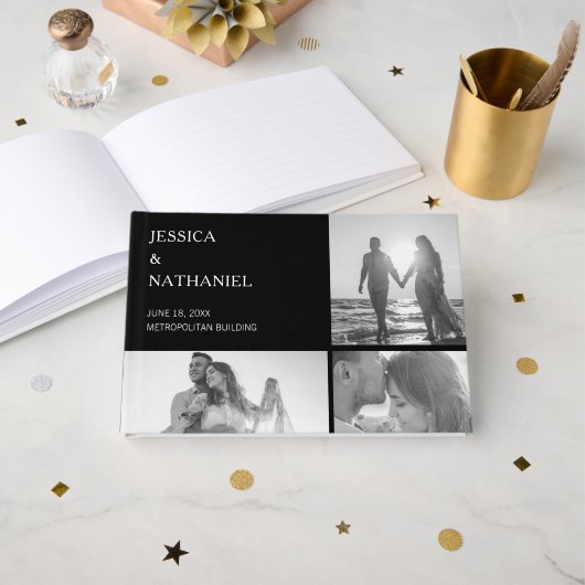 Modern Black Three Photo Collage Wedding Gastenboek (Voorkant open)