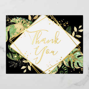 Modern Black Tropical Foliage Weddenschap Bedankt Folie Uitnodiging Briefkaart