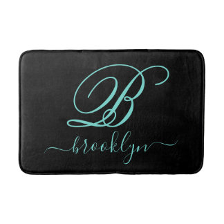Modern Black Turquoise Handwrited Monogrammed Badmat