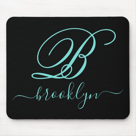 Modern Black Turquoise Handwrited Monogrammed Muismat (Voorkant)