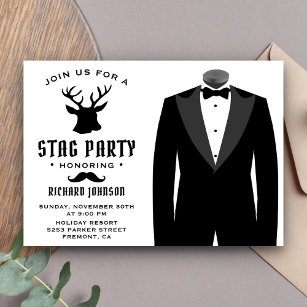 Modern Black Tuxedo Stag Bachelor Party Invitation Kaart