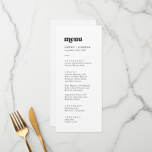 Modern Black Typography Weddenrenmenu Menu (Voorkant / Achterkant in situ)