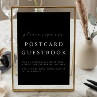 Modern Black Wedding Postcard Guestbook Sign Kaart