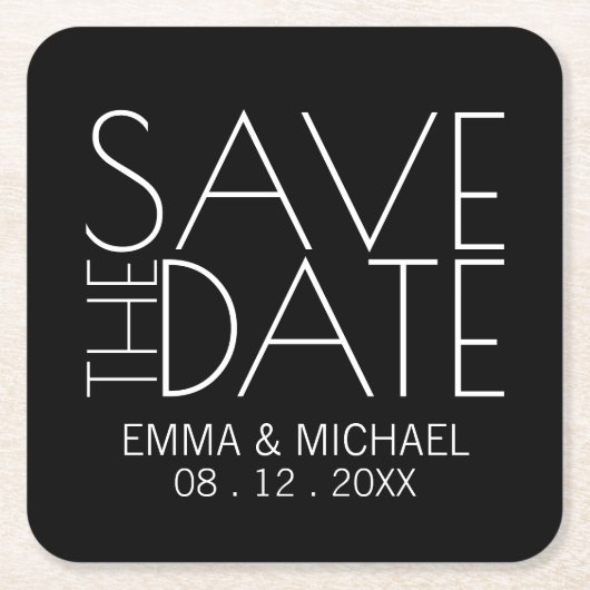 Modern Black Wedding Save the Date Vierkante Kartonnen Onderzetter (Voorkant)