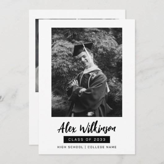 Modern Black White 3 Foto minimalistisch Afstudere Kaart (Voorkant / Achterkant)