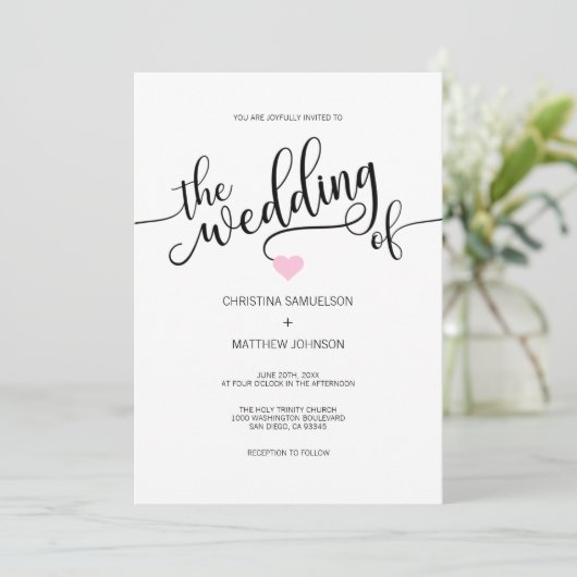 Modern Black White Blush PINK Heart Wedding Kaart (Staand voorkant)