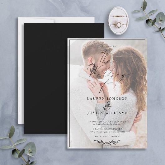 Modern Black White Botanical Script Vellum Photo Kaart