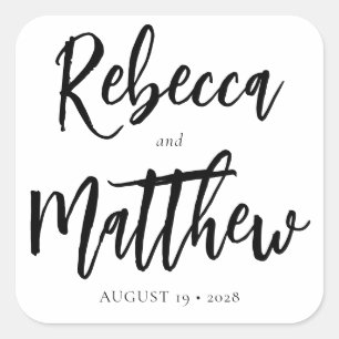 Modern Black White Brush Script Big Names Wedding Vierkante Sticker
