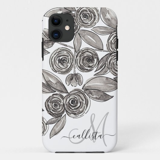 Modern Black White Floral Waterverf Monogram Case-Mate iPhone Case (Achterkant)