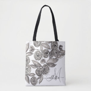Modern Black White Floral Waterverf Monogram Draagtas