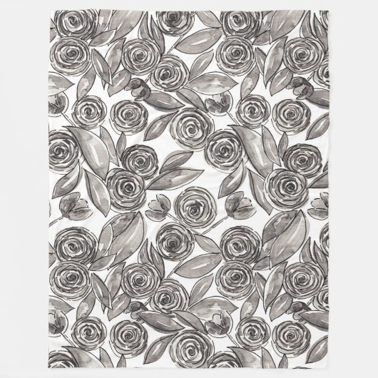 Modern Black White Floral Waterverf Pattern Fleece Deken (Voorkant)