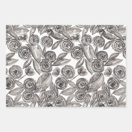 Modern Black White Floral Waterverf Pattern Inpakpapier Vel (Voorkant 3)