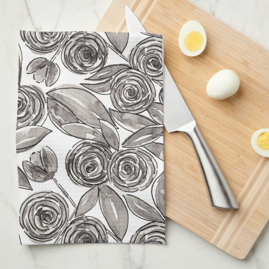 Modern Black White Floral Waterverf Pattern Theedoek (Quarter Fold)
