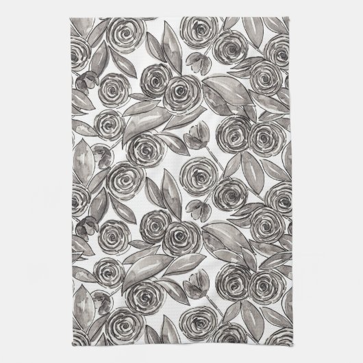 Modern Black White Floral Waterverf Pattern Theedoek (Verticaal)
