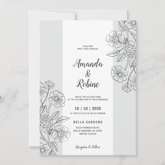 Modern Black & White Floral Wedding Invitation Kaart (Voorkant)