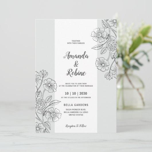 Modern Black & White Floral Wedding Invitation Kaart (Staand voorkant)