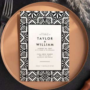 Modern Black White Folk Floral Wedding Kaart