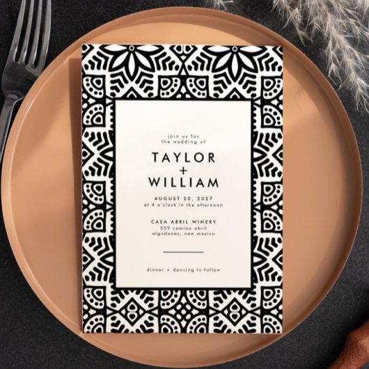 Modern Black White Folk Floral Wedding Kaart