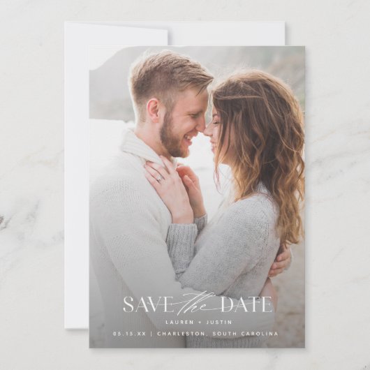 Modern Black & White Full Bleed Photo Weddenschap Save The Date (Voorkant)