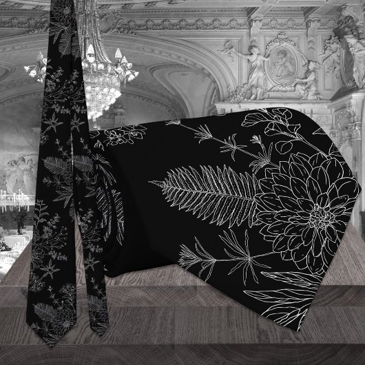 Modern Black & White Garden Flowers Wedding Stropdas