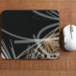 Modern Black White Gold Abstract Design<br><div class="desc">This elegant modern mouse pad features a stylish organic abstract design of white and gray ribbons with gold accents on a black background. Translucent white and gray ribbons swirl from right to left in a well balanced pattern and are complimented by an abstract gold flourish in the bottom right hand...</div>