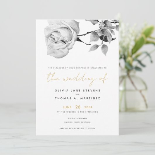 Modern Black White Gold Hand-Drawn Roos Wedding Kaart (Staand voorkant)