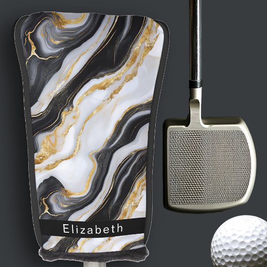Modern Black White Gold Marble Personalized Golfheadcover
