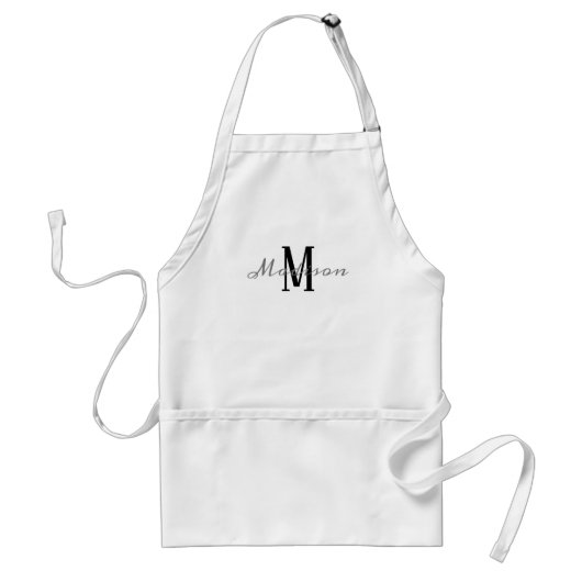 Modern Black White Grey Script Monogramed Name Standaard Schort (Voorkant)