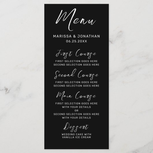 Modern Black White Hand Lettered Script Wedding Menu (Voorkant)