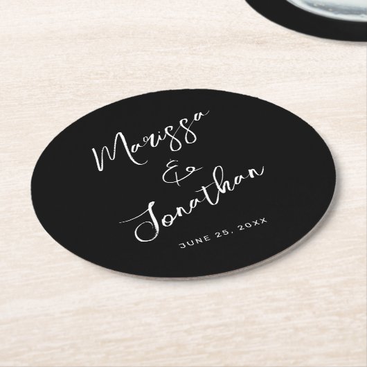 Modern Black White Hand Lettered Script Wedding Ronde Kartonnen Onderzetter (Gebogen)