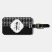 Modern Black White Houndstooth Monogram en naam Bagagelabel (Voorkant horizontaal)