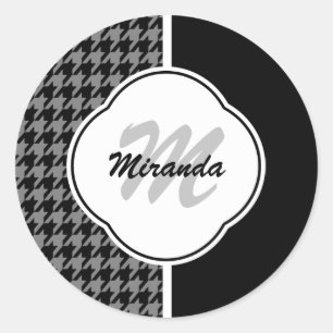Modern Black White Houndstooth Monogram en naam Ronde Sticker