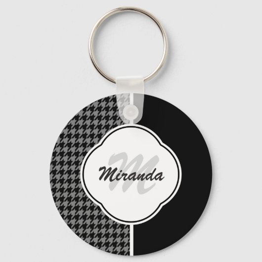 Modern Black White Houndstooth Monogram en naam Sleutelhanger (Voorkant)