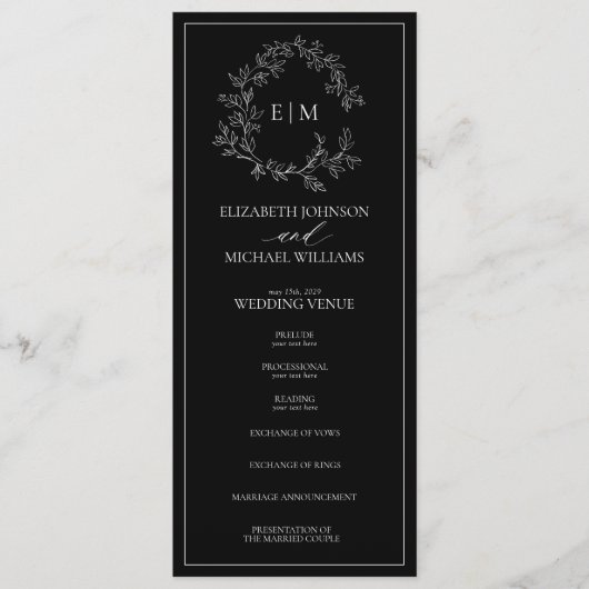 Modern Black White Leafy Crest Monogram Weddenscha Programma (Voorkant)
