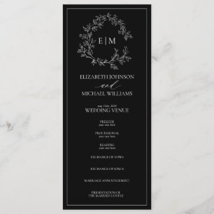 Modern Black White Leafy Crest Monogram Weddenscha Programma