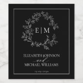 Modern Black White Leafy Crest Monogram Weddenscha Wijn Etiket (Enkel label)