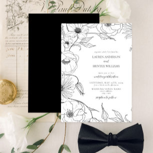 Modern Black White Line Art Floral Wedding Kaart