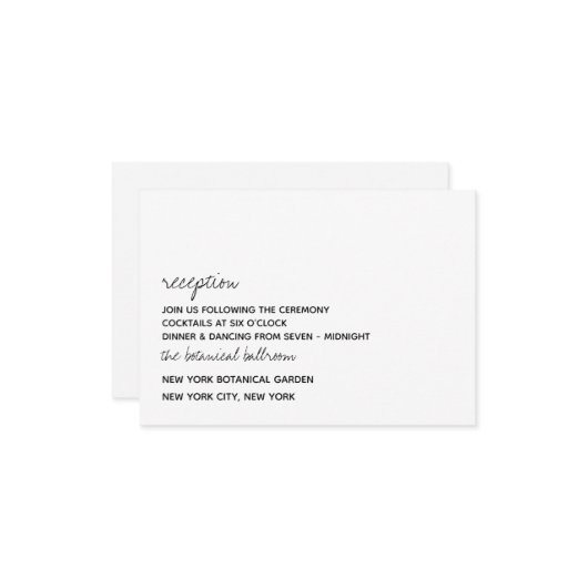 Modern Black & White Minimalist Script Wedding Informatiekaartje (Voorkant / Achterkant in situ)