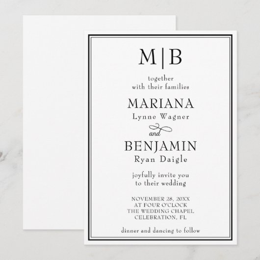 Modern Black White Minimalist Wedding Invitation Kaart (Voorkant / Achterkant)