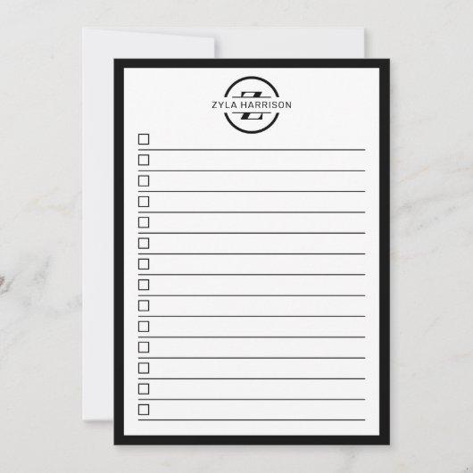 Modern Black White Monogram Name To Do List Kaart (Voorkant)
