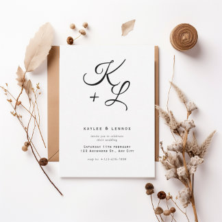 Modern Black & White Monogram Wedding Invitation Kaart